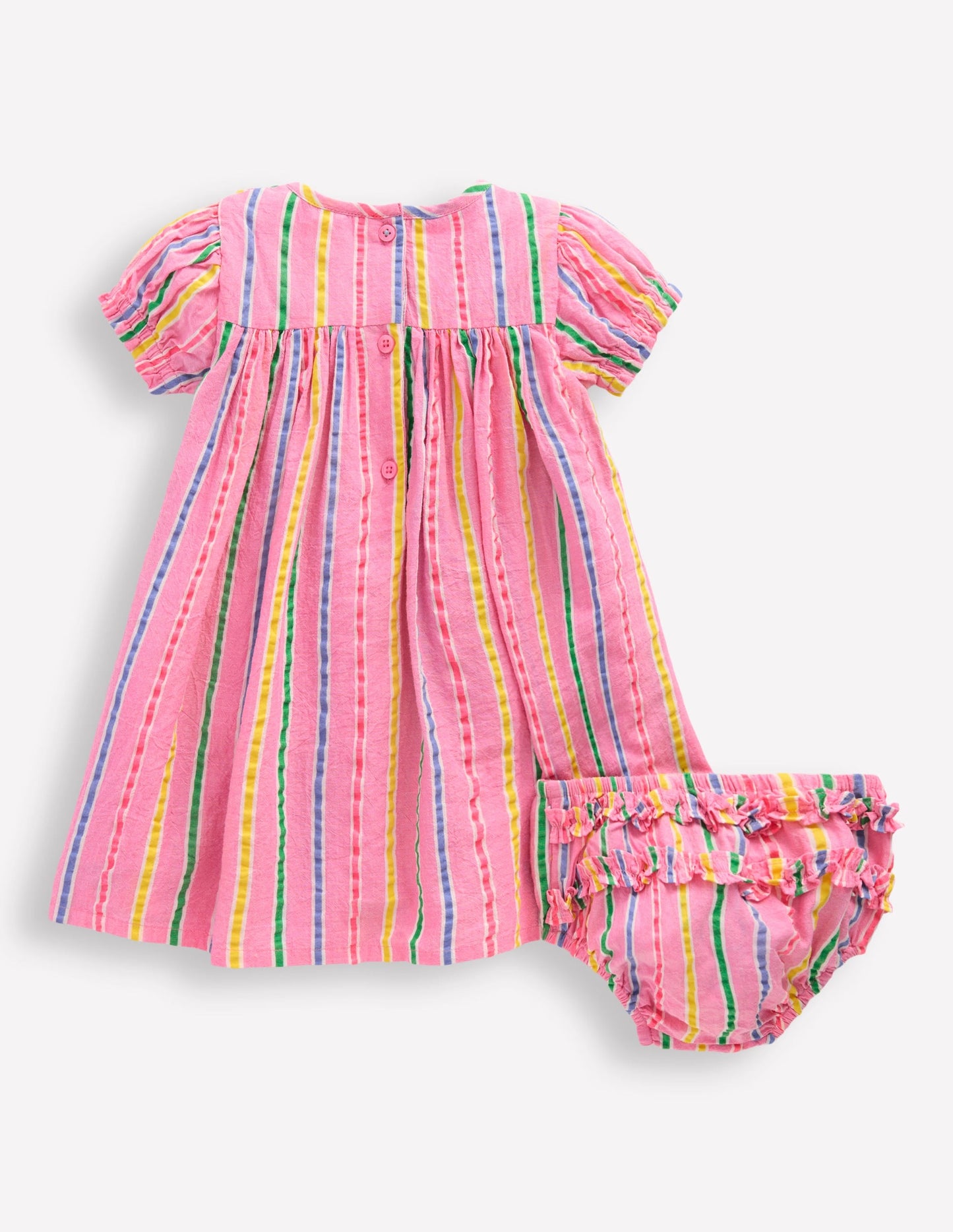 Gathered Woven Dress-Neon Pink Multi Stripe