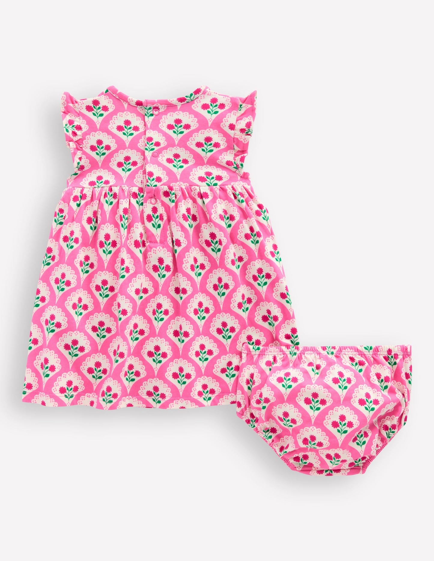 Jersey Frill Sleeve Dress-Pink Rose Woodblock Floral